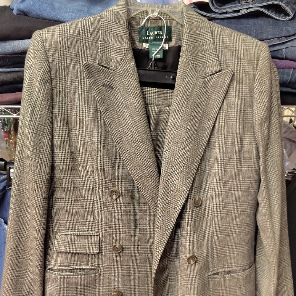 Lauren Ralph Lauren Tan and Brown Glen Plaid Double-Breasted Blazer